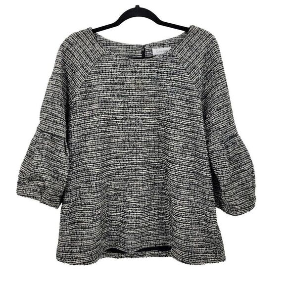 Calvin Klein Oversized Puff Sleeve Peasant Top XL Black White Textured Striped - Picture 1 of 10